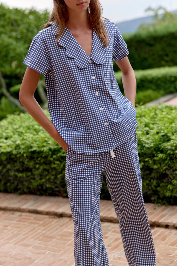 Bambi & Birdie Ladies Scalloped Collared Pant Set || Blue Gingham