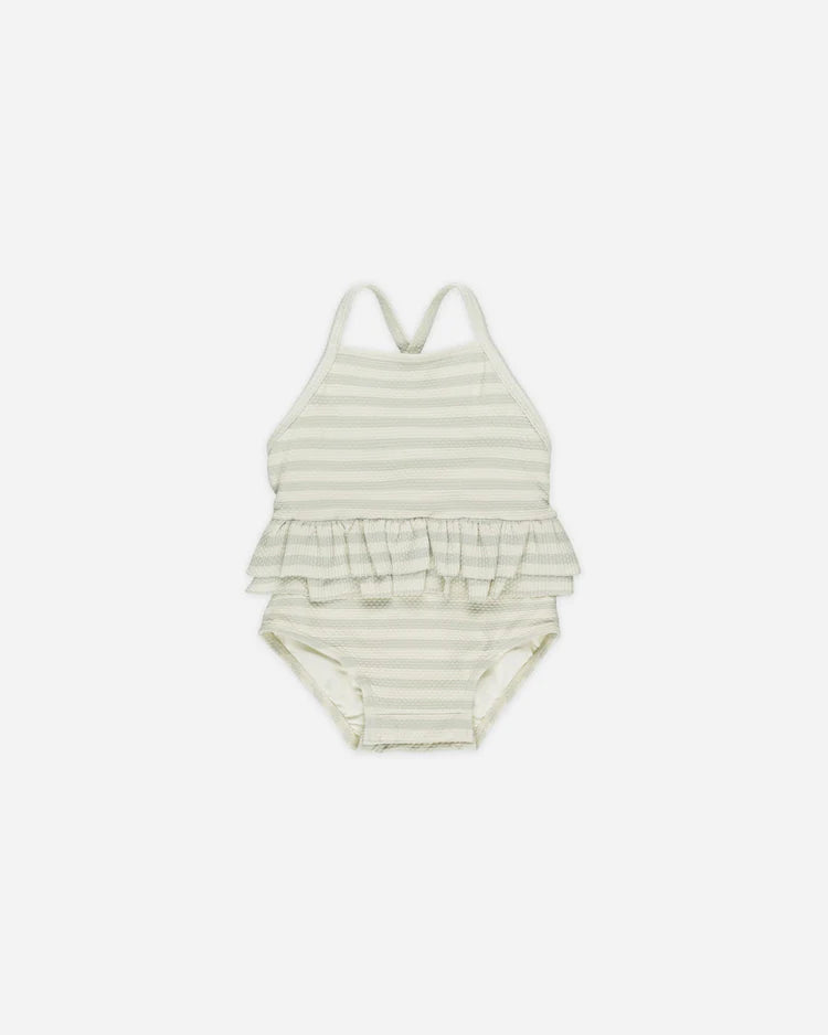 Quincy Mae Ruffled One-Piece Swimsuit || Mint Stripe