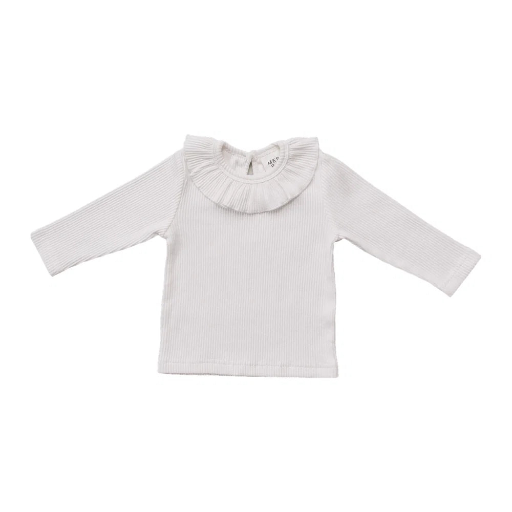 Mebie Baby Ribbed Ruffle Long Sleeve || White