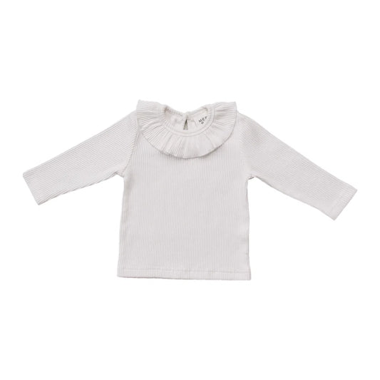 Mebie Baby Ribbed Ruffle Long Sleeve || White