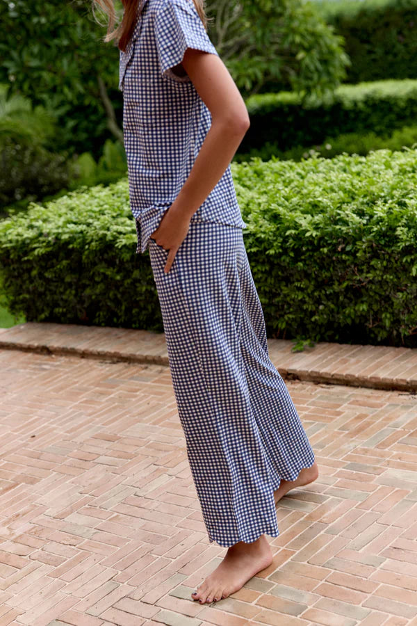 Bambi & Birdie Ladies Scalloped Collared Pant Set || Blue Gingham
