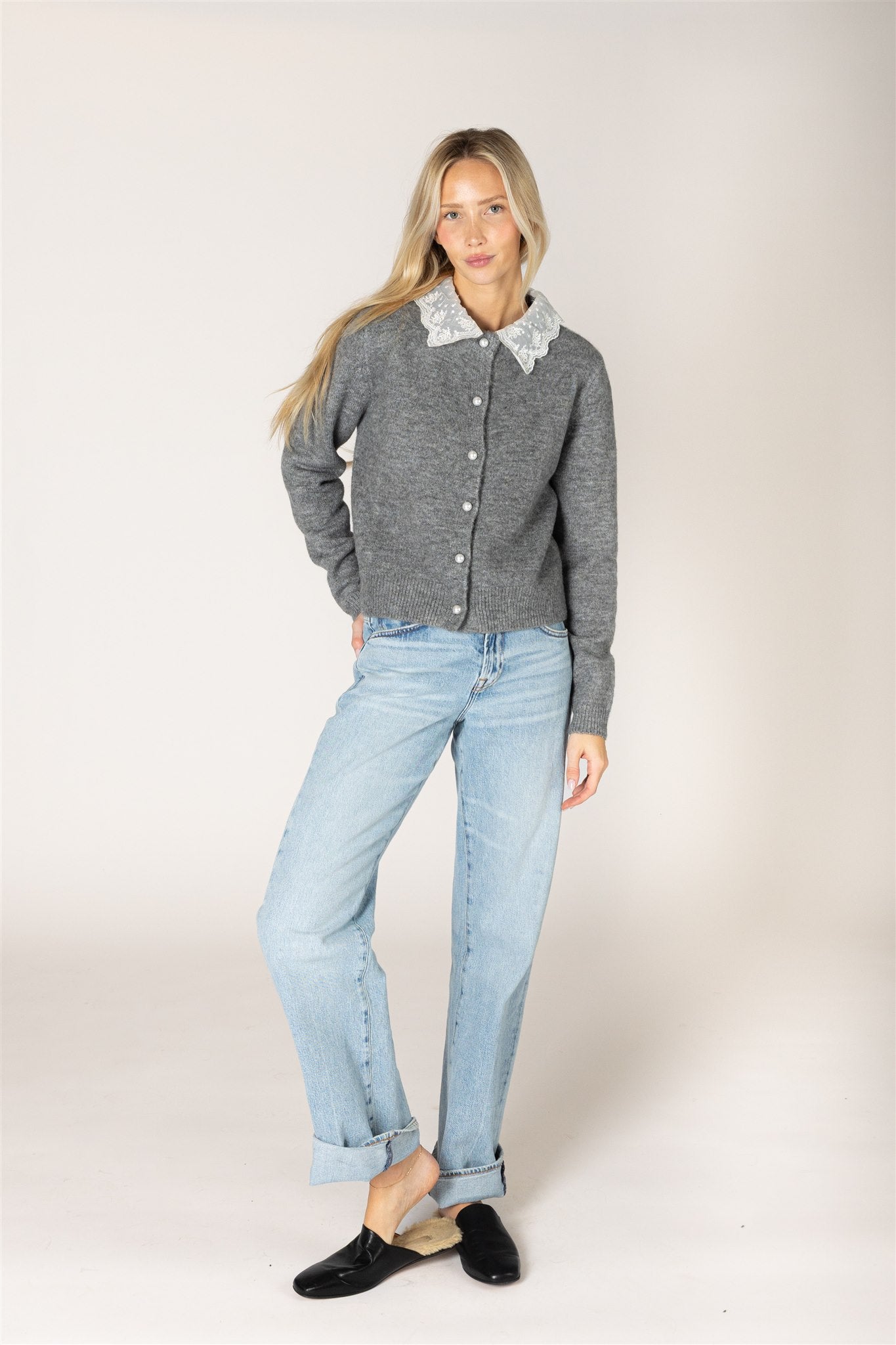 LYLA + LUXE Novelty Lace Collar Cardi