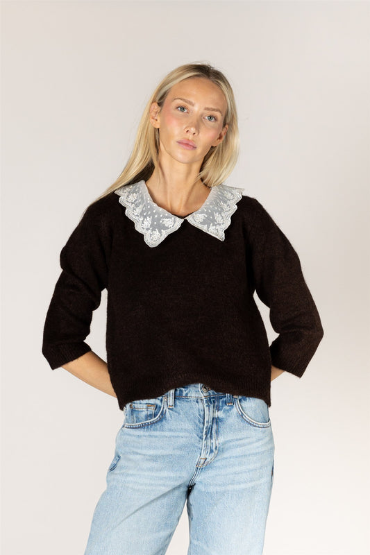 LYLA + LUXE Novelty Lace Collar Sweater || Cholocate