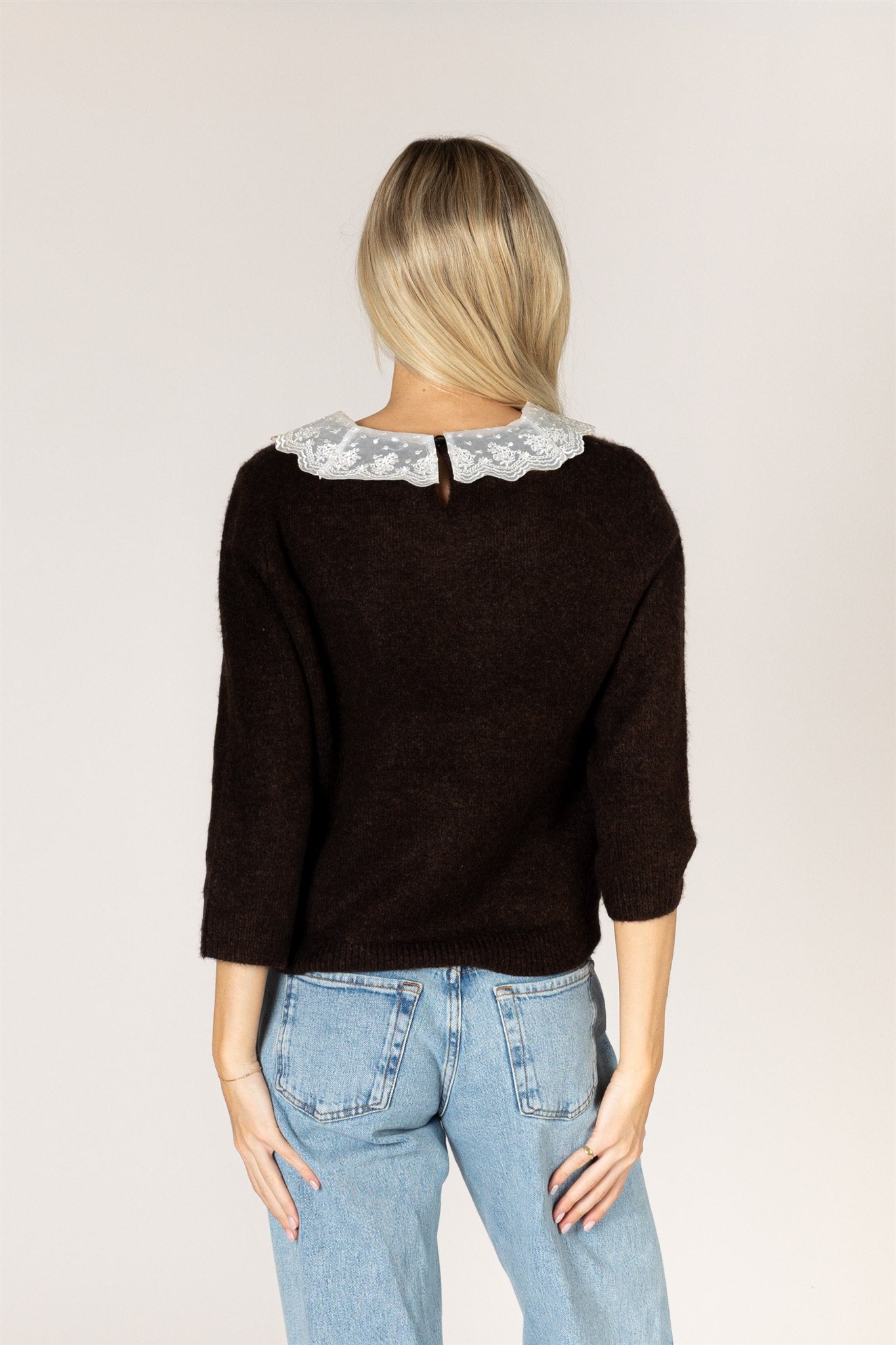 LYLA + LUXE Novelty Lace Collar Sweater || Cholocate