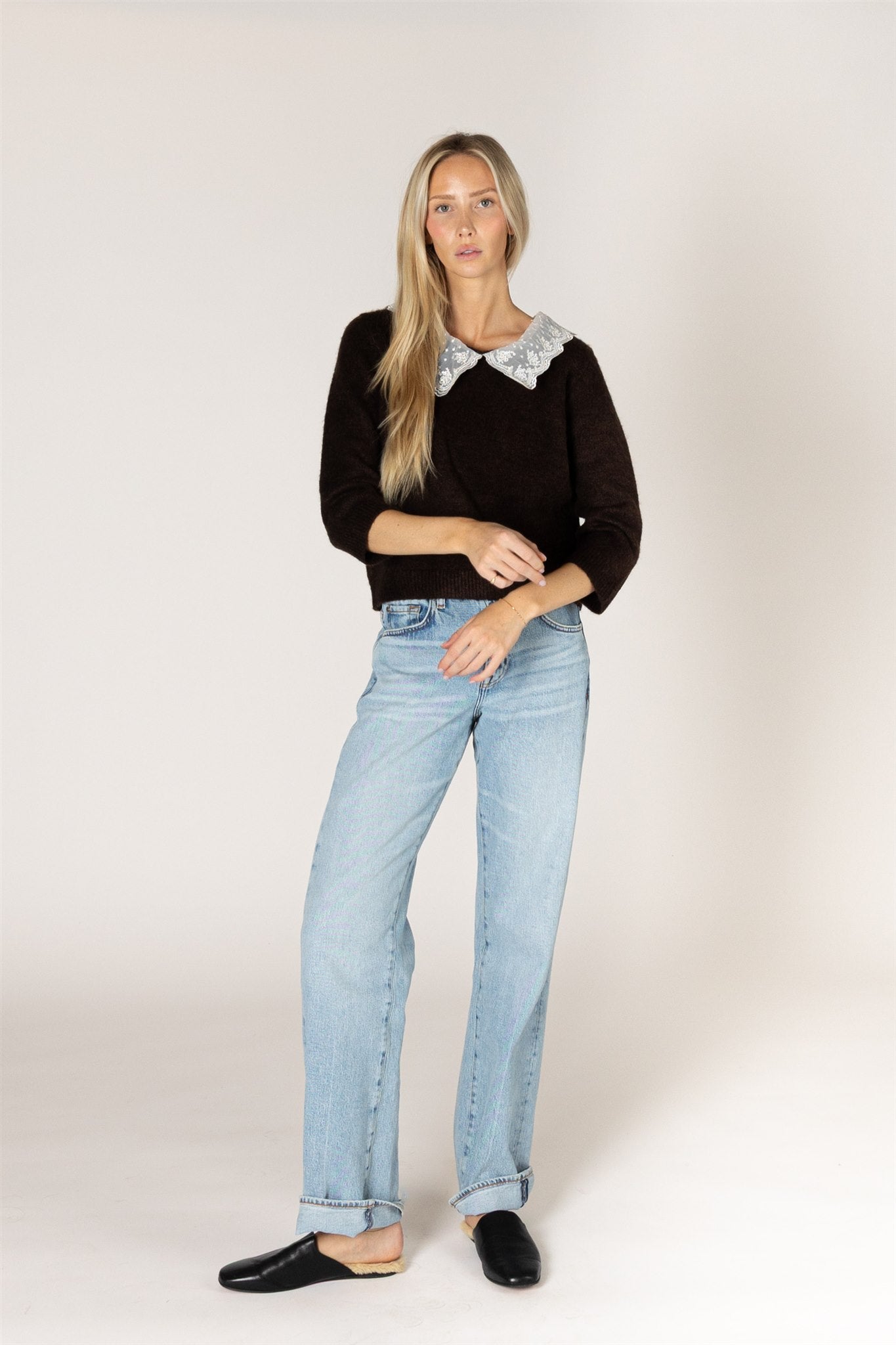 LYLA + LUXE Novelty Lace Collar Sweater || Cholocate