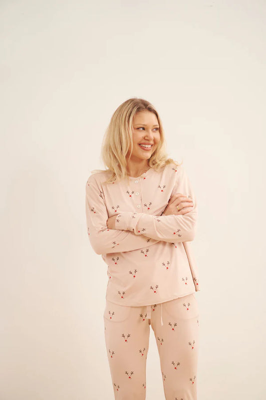 Bambi & Birdie Ladies Henley Jogger Set || Reindeer