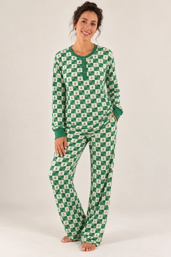 Bambi & Birdie Ladies Henley Wide Leg Set || Evergreen Check