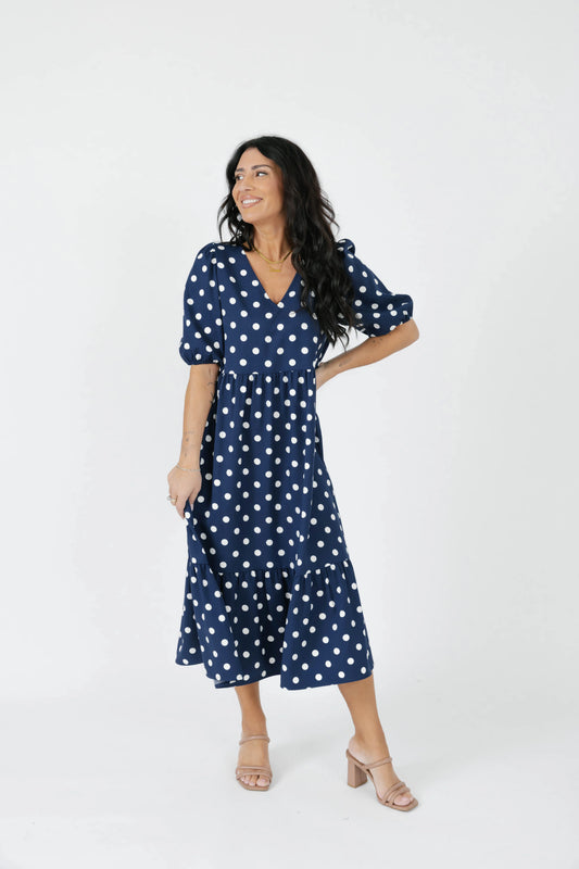 Smash + Tess Lucy Polka Dot Midi Dress || Navy Blue
