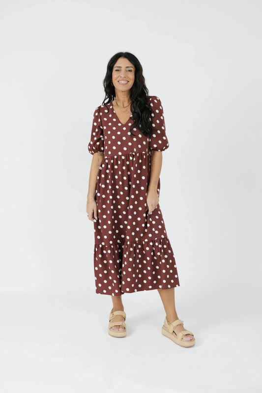 Smash + Tess Lucy Polka Dot Midi Dress || Warm Brown