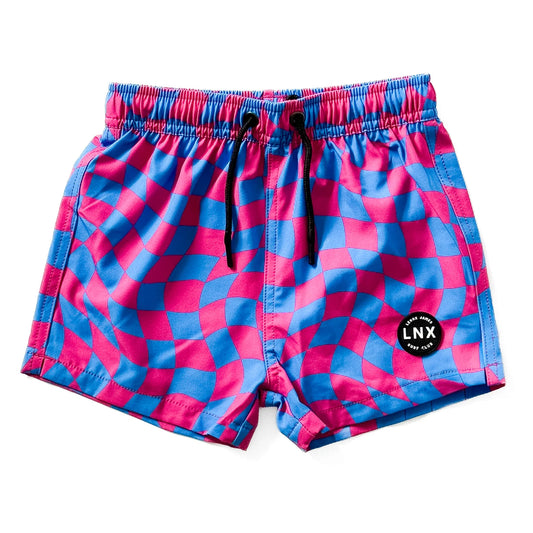 Lenox James Swim Trunk || Pink + Blue Wavy Checks