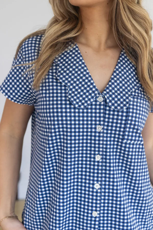 Bambi & Birdie Ladies Scalloped Collared Short Set || Blue Gingham