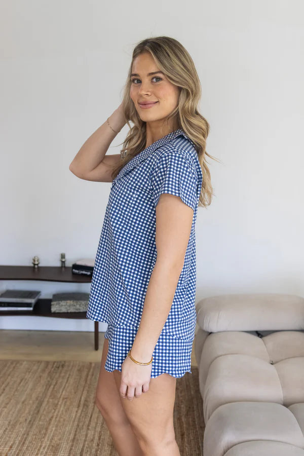 Bambi & Birdie Ladies Scalloped Collared Short Set || Blue Gingham