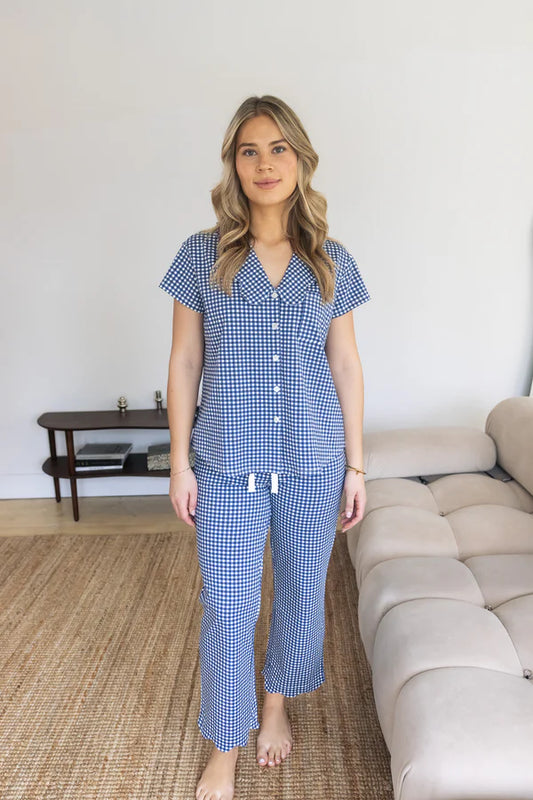 Bambi & Birdie Ladies Scalloped Collared Pant Set || Blue Gingham