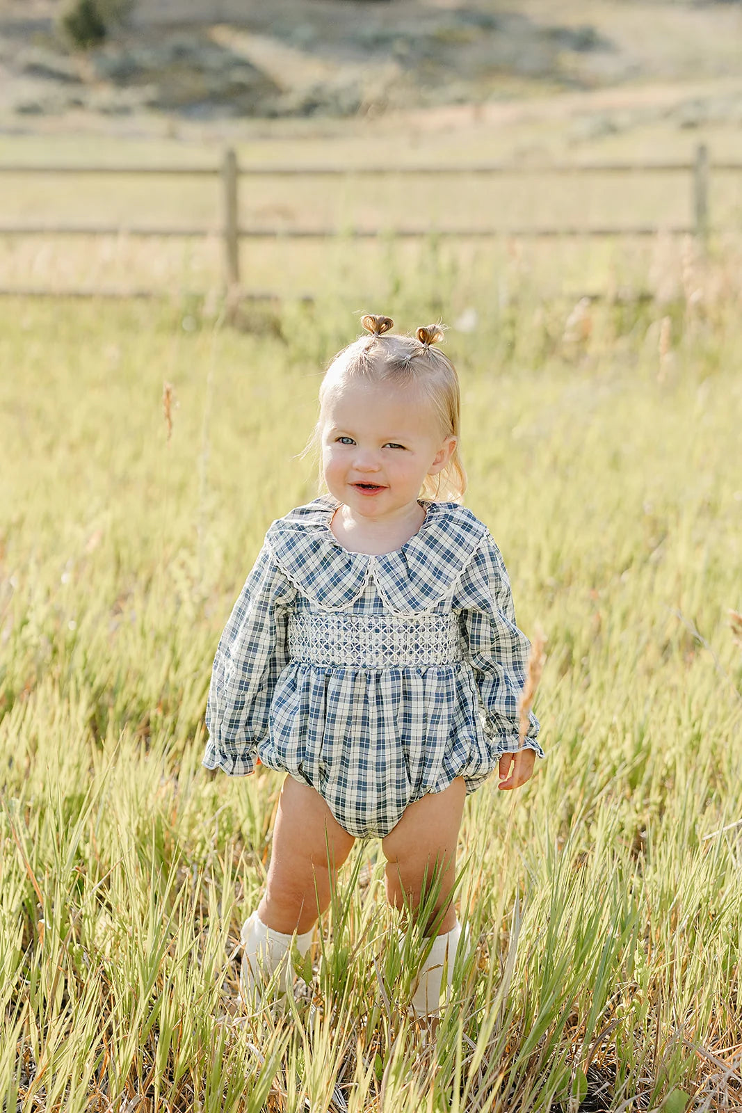 Mebie Baby Blue Plaid Ruffle Collar Bubble Romper