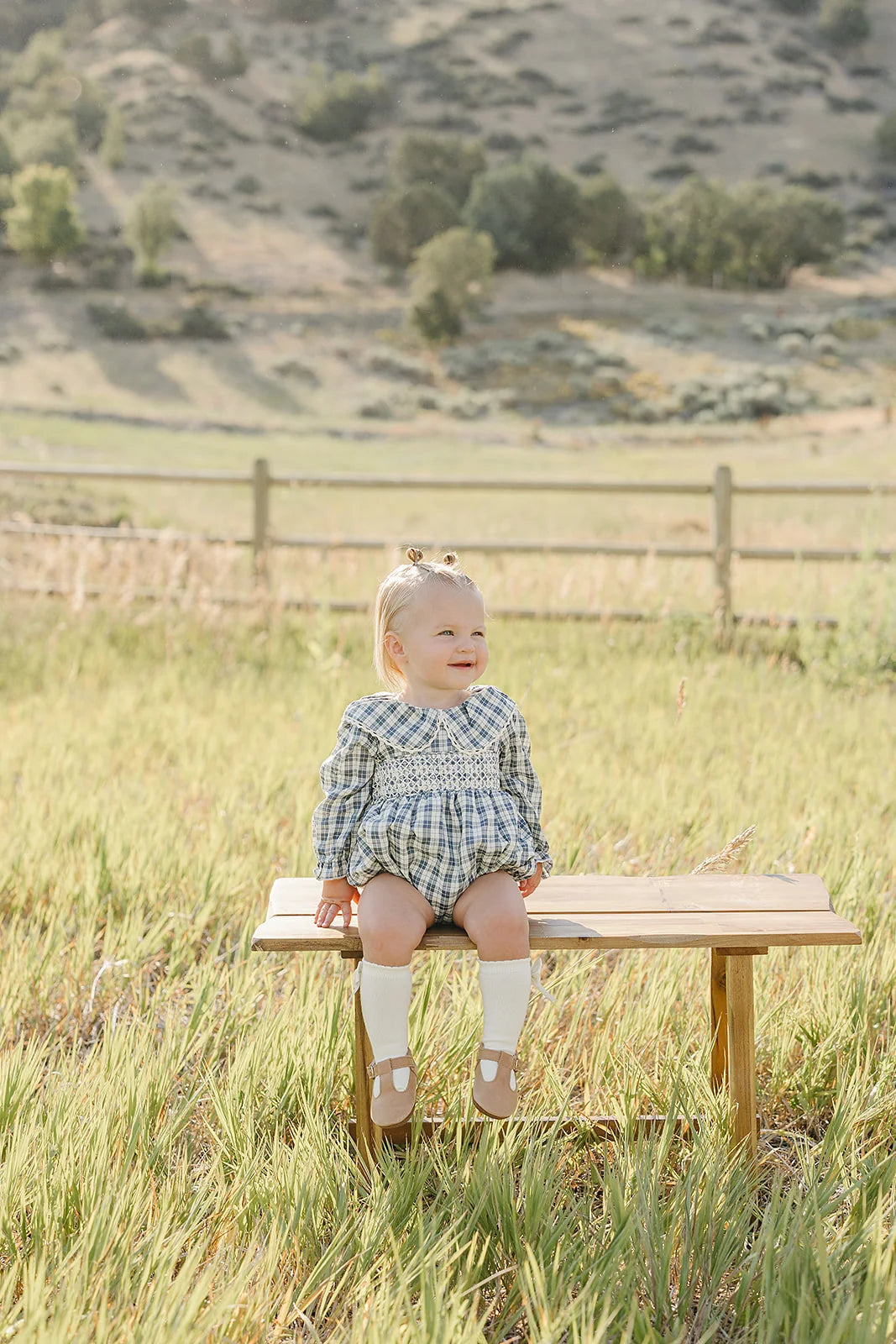 Mebie Baby Blue Plaid Ruffle Collar Bubble Romper