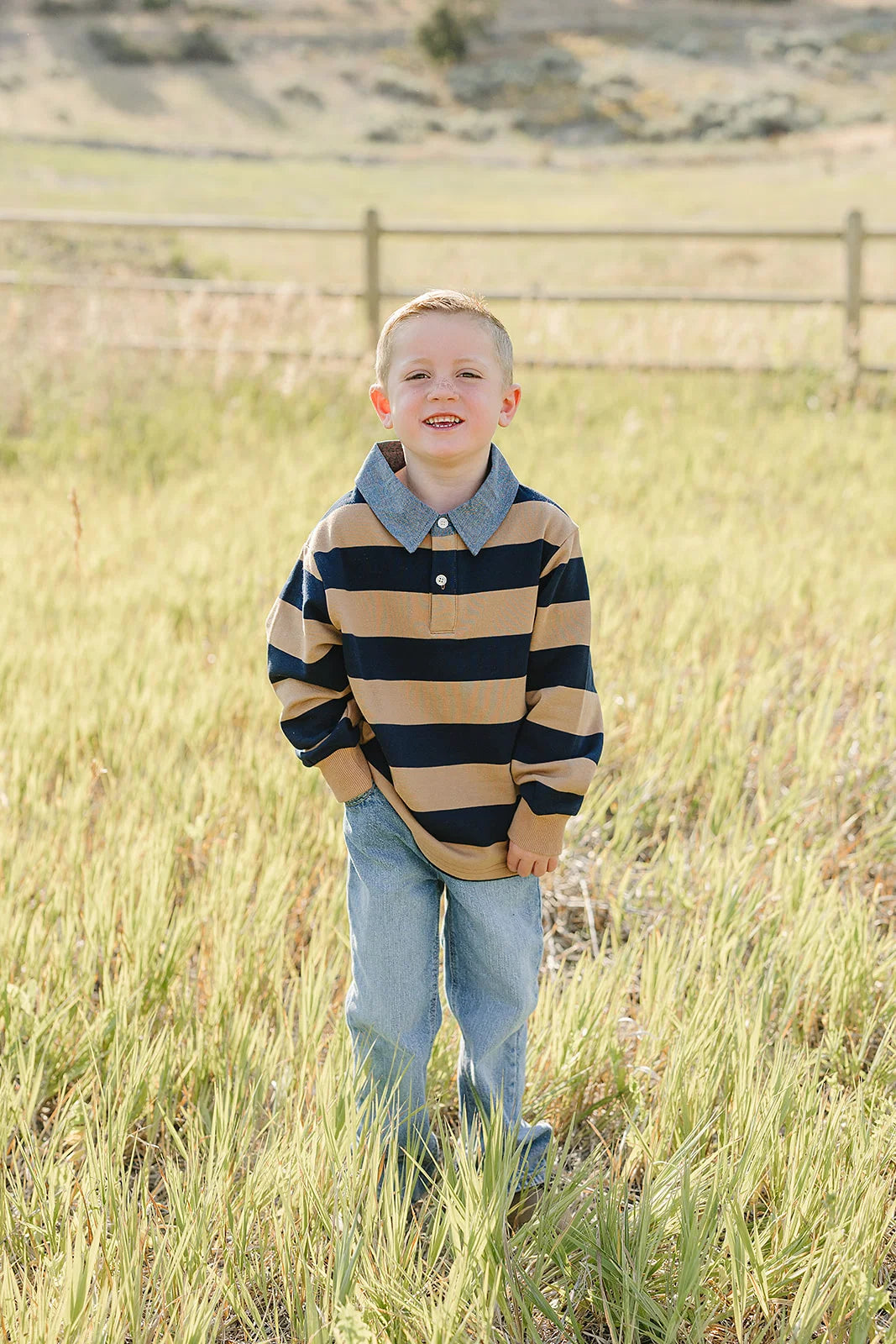 Mebie Baby Camel + Navy Striped Collar Shirt
