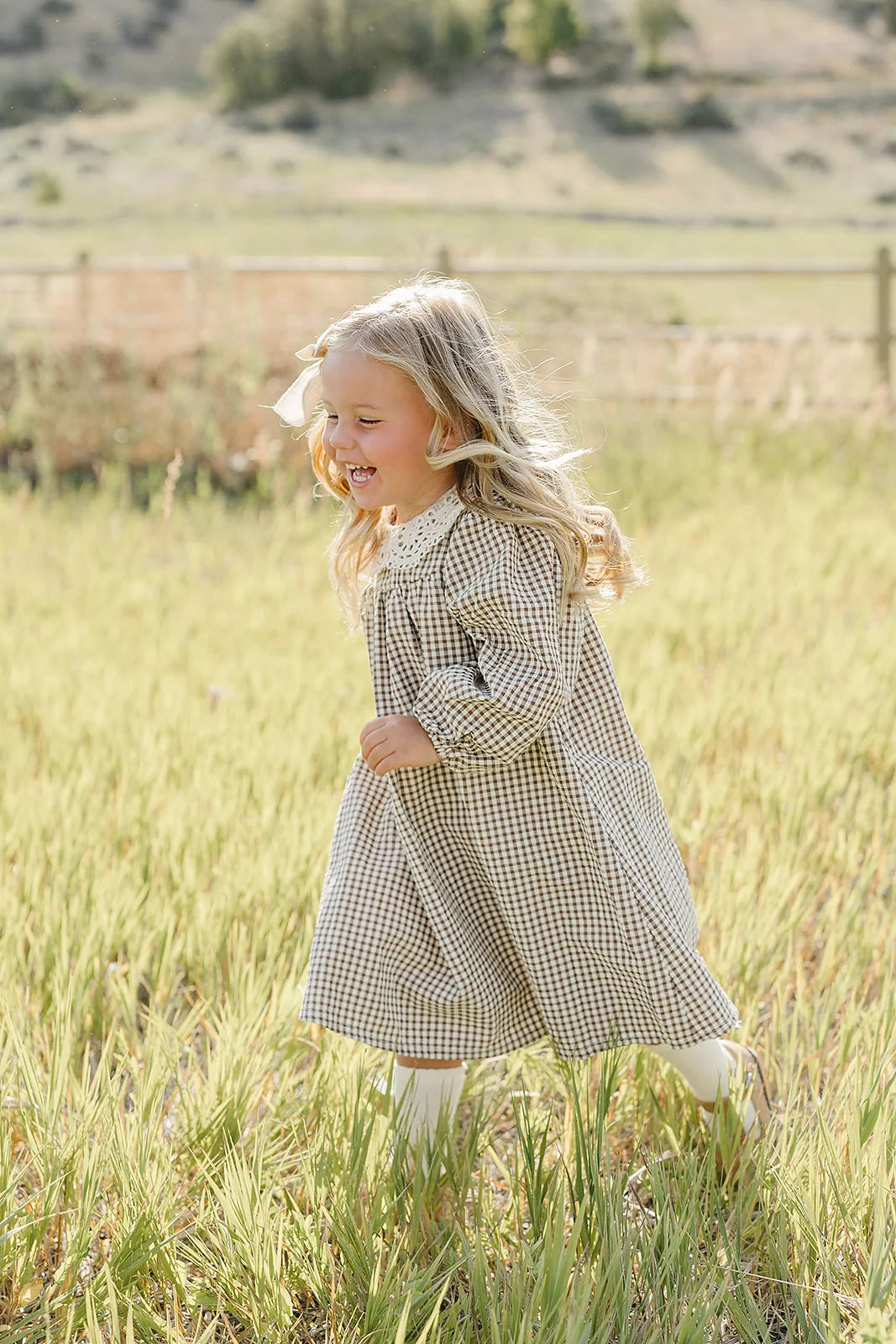 Mebie Baby Camel Gingham Lace Dress