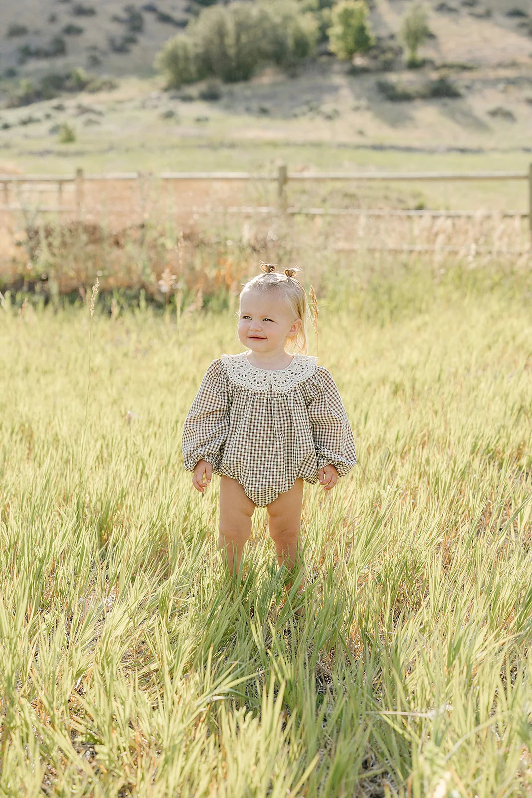 Mebie Baby Camel Gingham Lace Bubble Romper