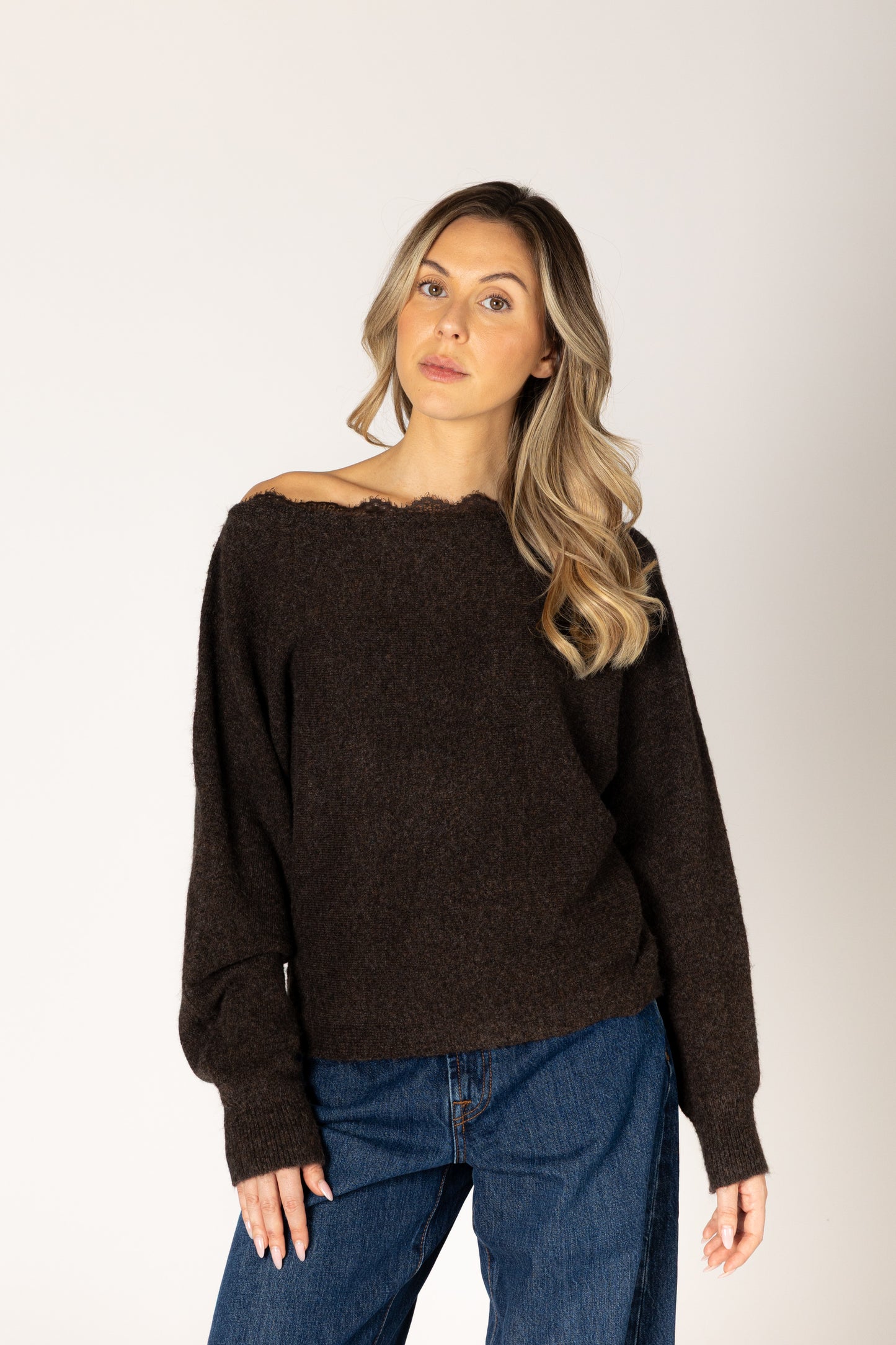 LYLA + LUXE Novelty Lace Sweater || Walnut