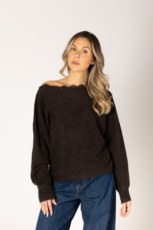 LYLA + LUXE Novelty Lace Sweater || Walnut