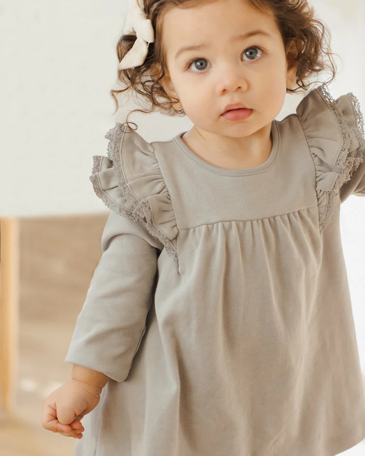 Quincy Mae Long Sleeve Flutter Dress || Blue Steel