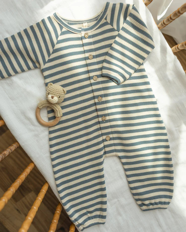 Quincy Mae Waffle Long Sleeve Jumpsuit || Ocean Blue