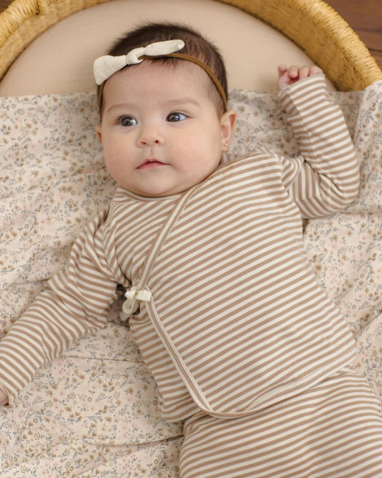 Quincy Mae Wrap Top + Footed Pant Set || Almond Stripe