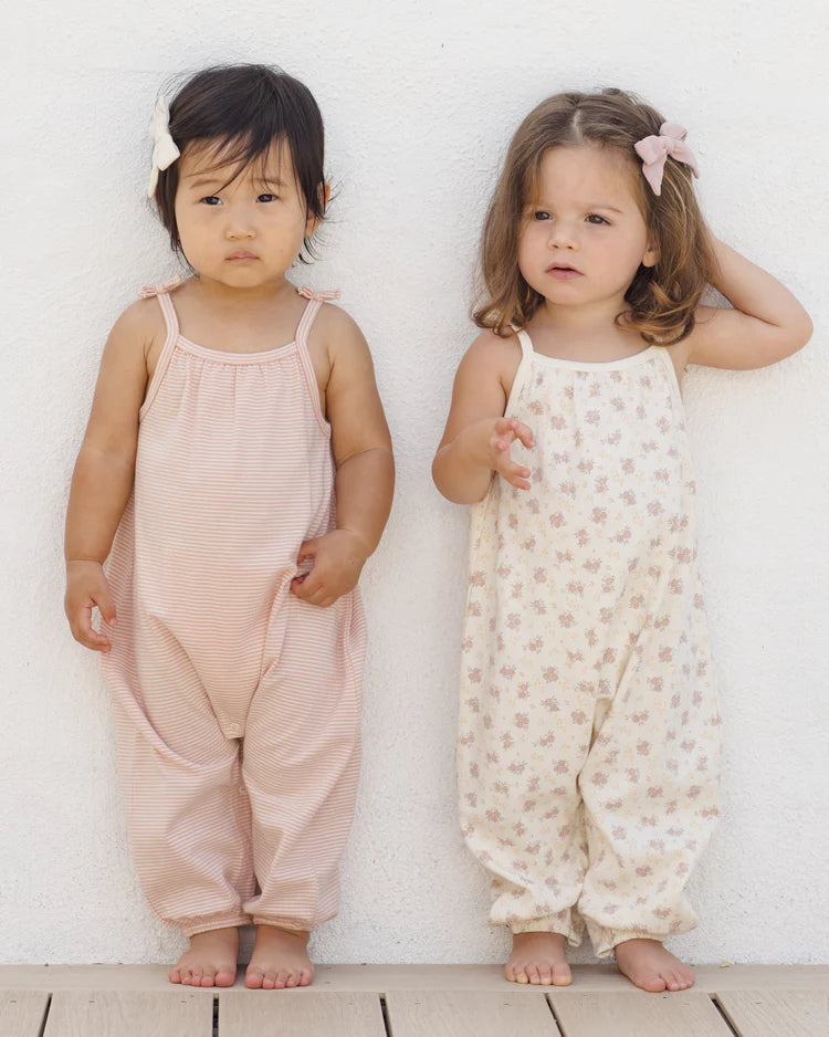 Quincy Mae Smocked Jumpsuit || Melon Micro Stripe