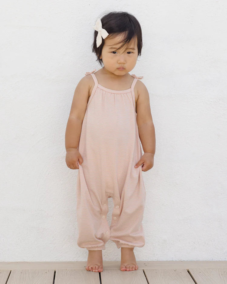 Quincy Mae Smocked Jumpsuit || Melon Micro Stripe
