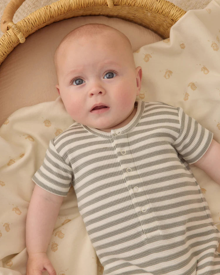 Quincy Mae Waffle Snap Romper || Sage Stripe