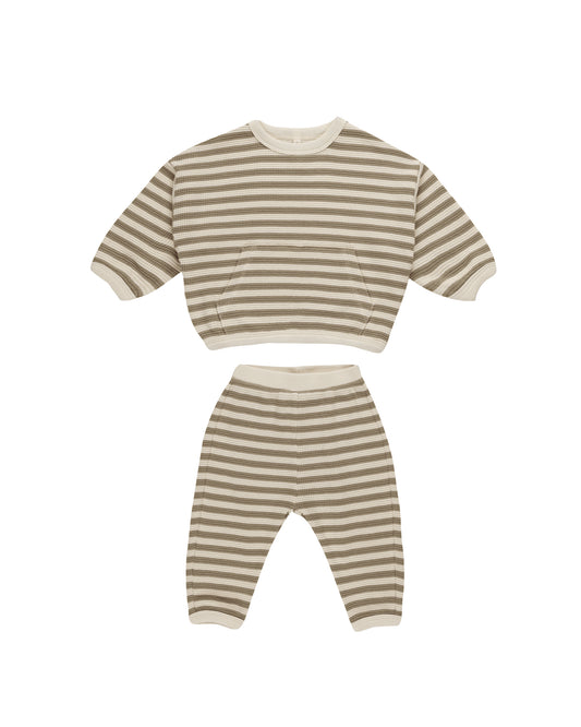 Quincy Mae Waffle Slouch Set || Olive Stripe