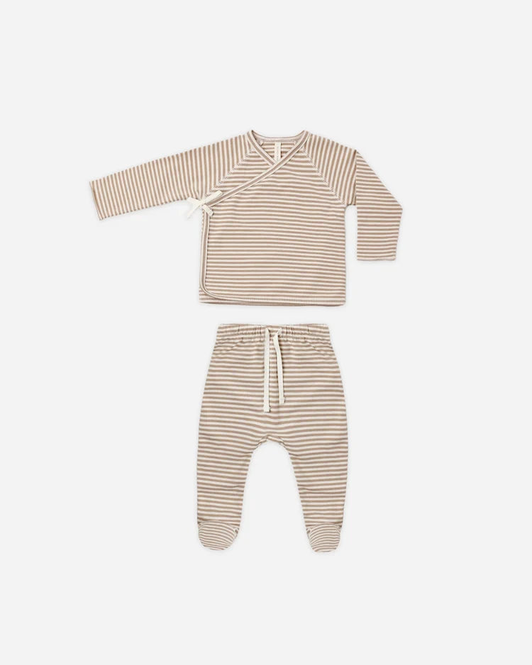 Quincy Mae Wrap Top + Footed Pant Set || Almond Stripe