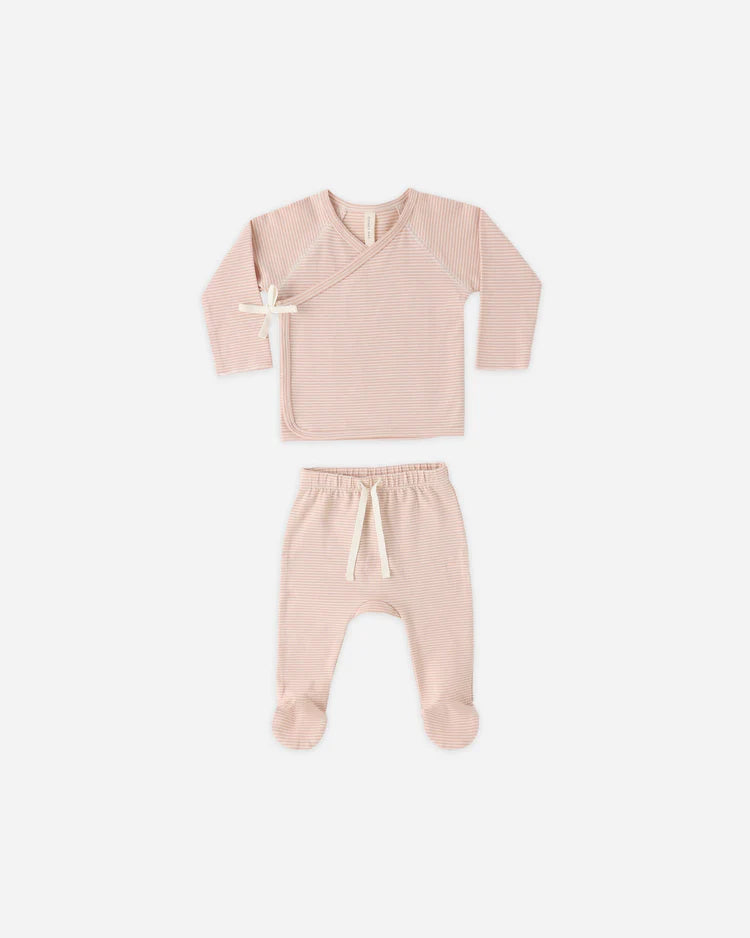 Quincy Mae Wrap Top + Footed Pant Set || Micro Melon Stripe
