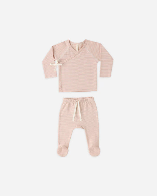 Quincy Mae Wrap Top + Footed Pant Set || Micro Melon Stripe
