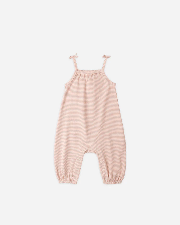 Quincy Mae Smocked Jumpsuit || Melon Micro Stripe