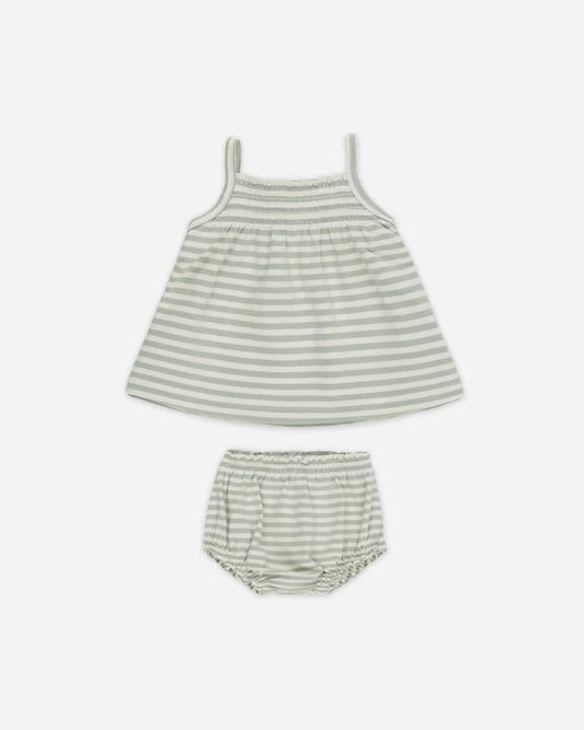 Quincy Mae Smocked Tank + Bloomer Set || Sage Stripe