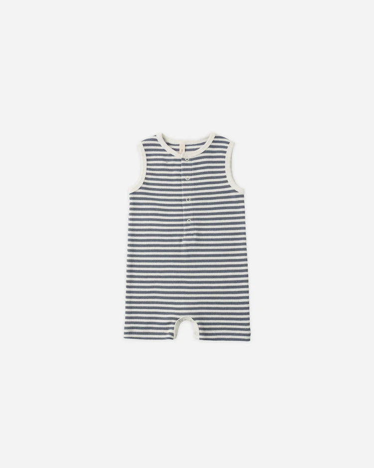 Quincy Mae Ribbed Henley Romper || Ocean Stripe