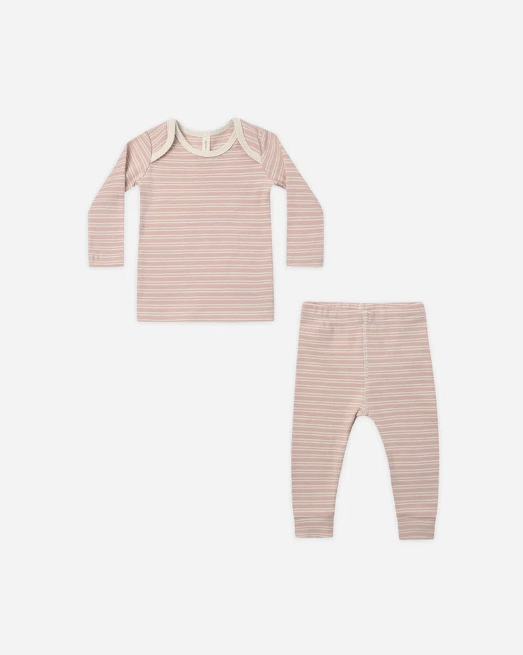 Quincy Mae Ribbed Tee + Legging Set || Dusty Rose Microstripe