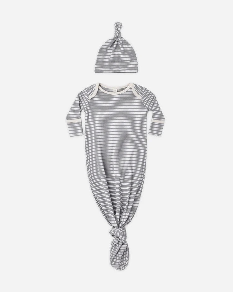 Quincy Mae Knotted Baby Gown + Hat Set || Slate Microstripe