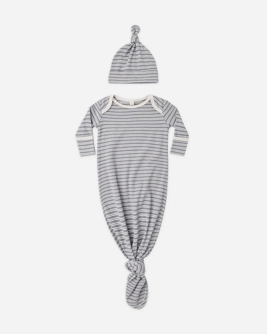 Quincy Mae Knotted Baby Gown + Hat Set || Slate Microstripe