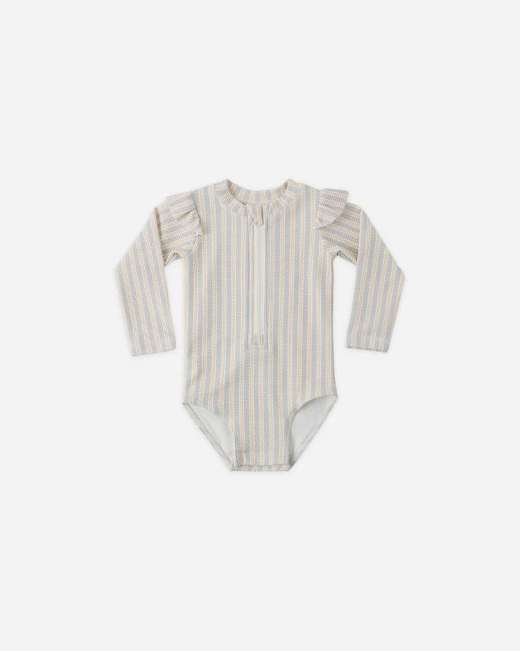 Quincy Mae Byron Rashguard One-Piece || Blue + Butterscotch Stripe