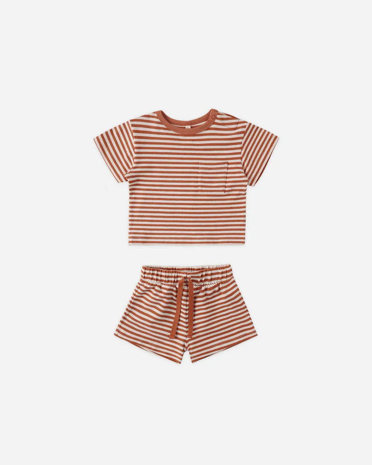 Quincy Mae Boxy Pocket Tee + Short Set || Poppy Stripe
