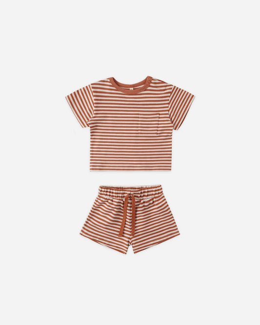 Quincy Mae Boxy Pocket Tee + Short Set || Poppy Stripe