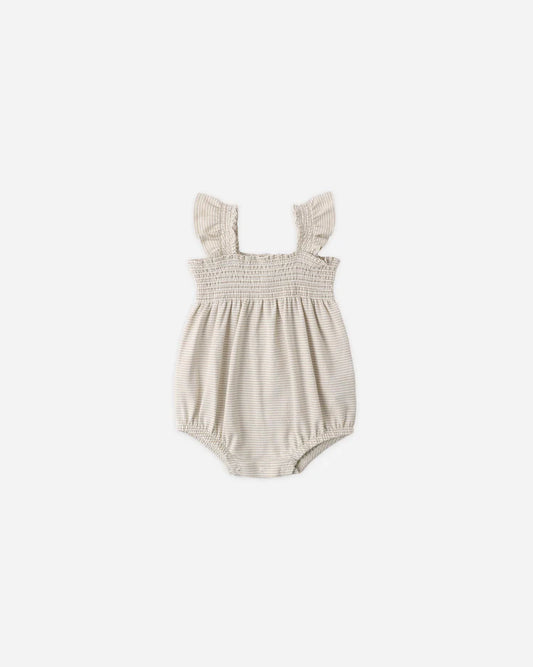 Quincy Mae Smocked Ruffle Sleeve Romper || Oat Micro Stripe