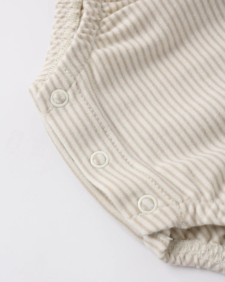 Quincy Mae Smocked Ruffle Sleeve Romper || Oat Micro Stripe