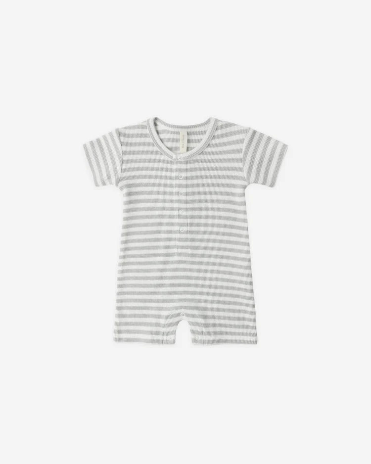 Quincy Mae Waffle Snap Romper || Sage Stripe
