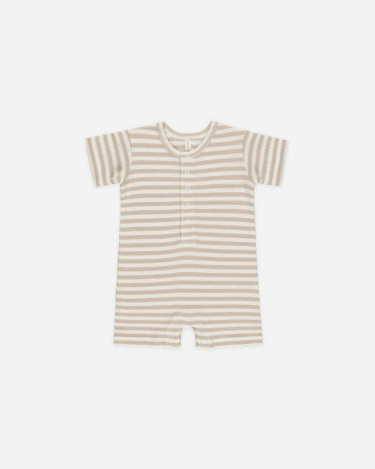 Quincy Mae Waffle Snap Romper || Oat Stripe