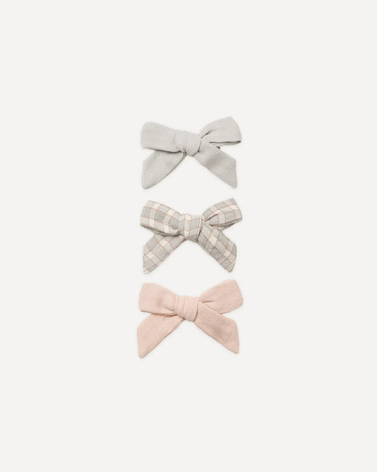Quincy Mae Bows with Clip, Set of 3 || Cloud, Blue Gingham + Dusy Rose