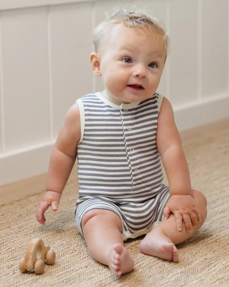 Quincy Mae Ribbed Henley Romper || Ocean Stripe