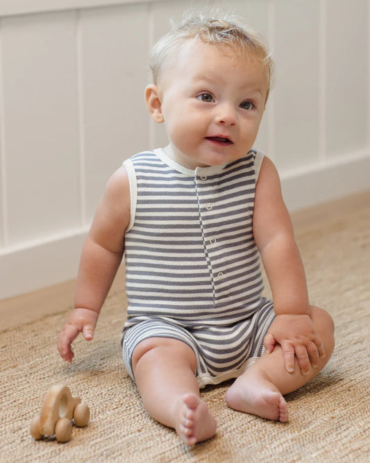 Quincy Mae Ribbed Henley Romper || Ocean Stripe